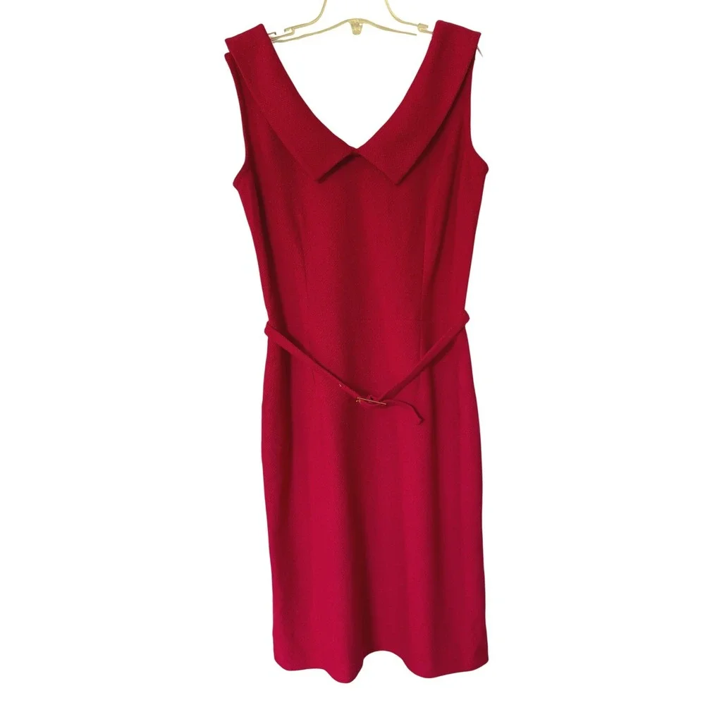 St John Collection Red Santana Knit Portrait Collar Belted Sheath Dress Size‎ 10